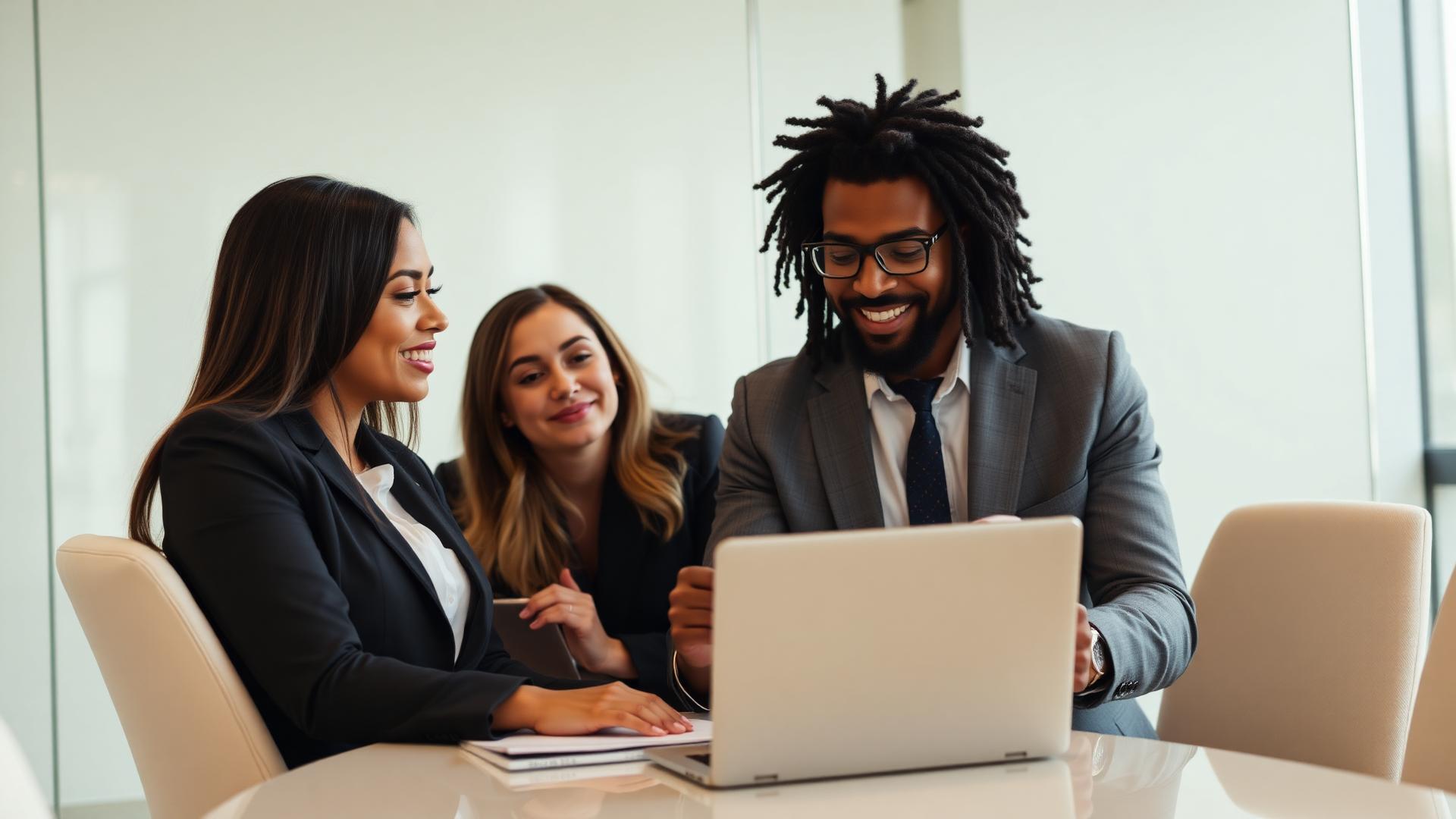Business consultant and entrepreneur reviewing growth strategy in a bright executive conference room