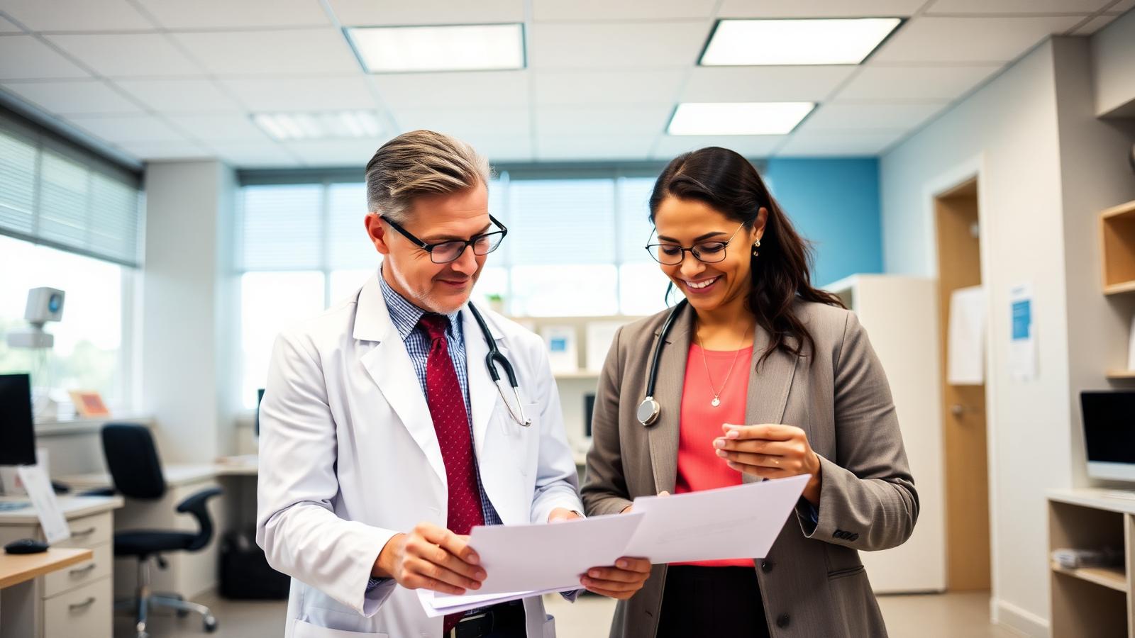 PF Consulting Firm healthcare consultant reviewing licensing paperwork with a doctor