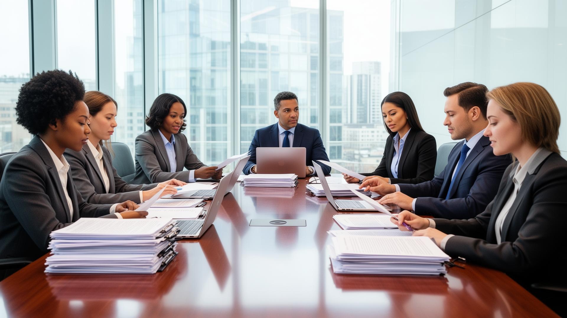 Attorney and legal support team reviewing case files in a bright executive conference room