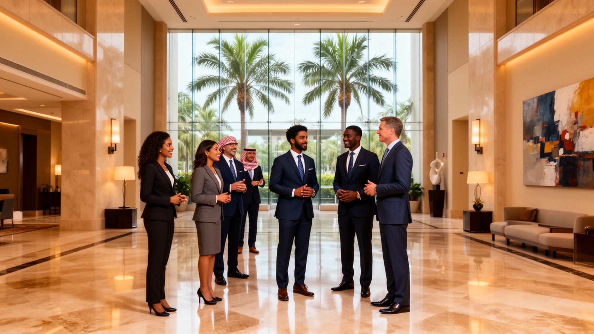 PF Consulting Firm team members gathered in the lobby of a Boca Raton office building